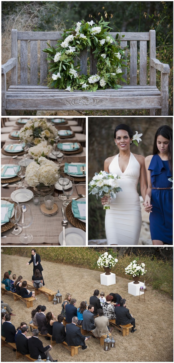 seated on wooden benches and rustic lanterns clustered as aisle markers