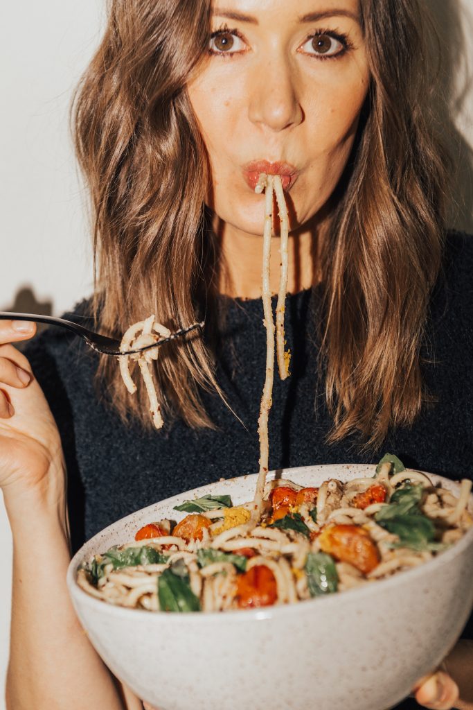 camille-styles-eating-a-bowl-of-pasta-easy-vegetarian-meals-for-one