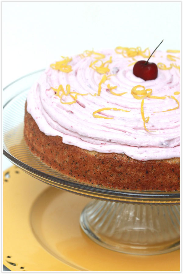 Lemon poppy seed cake with cherry butter cream frosting