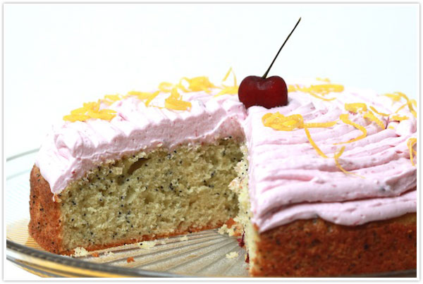 Lemon poppy seed cake with cherry butter cream frosting