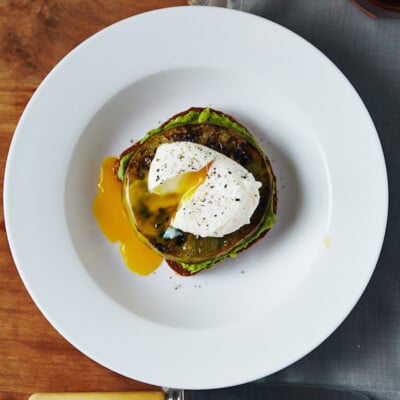 Fried Green Tomato Avocado Toast with Poached Eggs