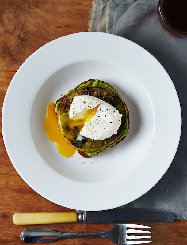 Fried Green Tomato Avocado Toast with Poached Eggs