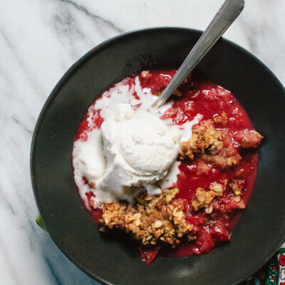 Plum Crisp with Pistachio, Oat, and Almond Meal Topping