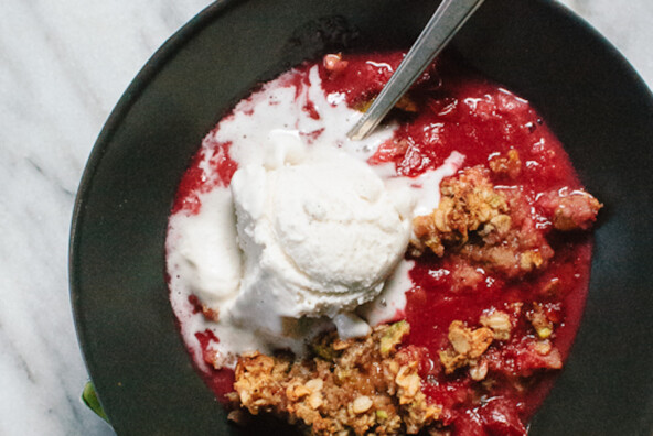 Plum Crisp with Pistachio, Oat, and Almond Meal Topping