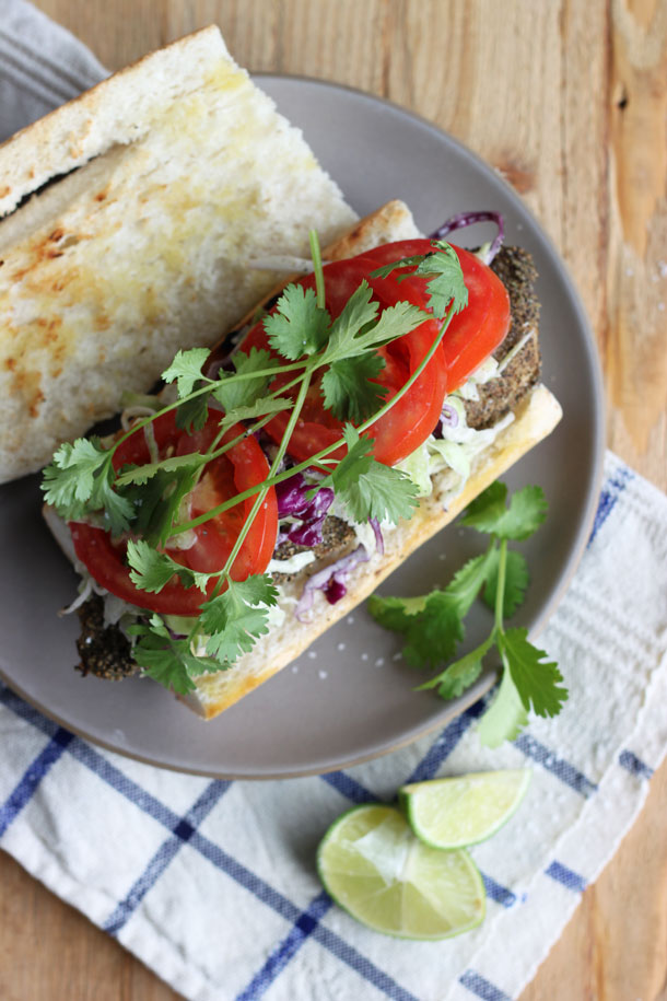 Blackened Tilapia Sandwich on a Baguette with Slaw, Tomato and Cilantro