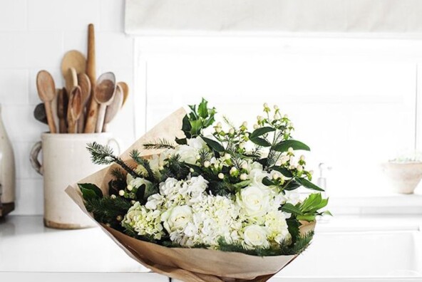 white kitchen and flowers