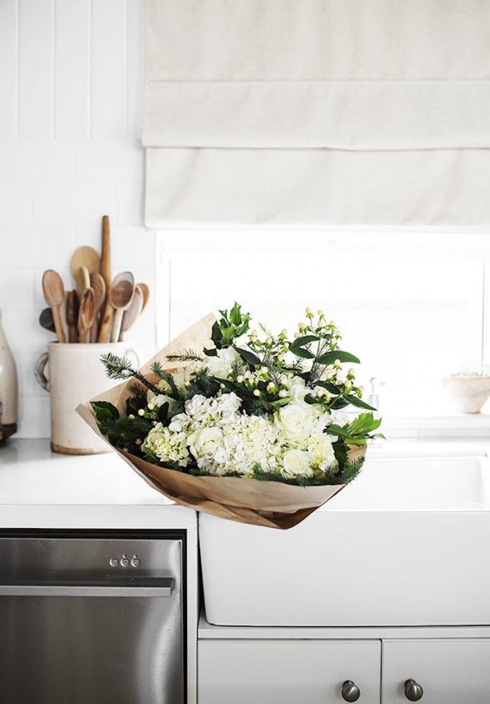 white kitchen and flowers