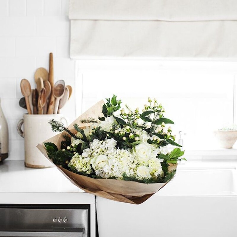 white kitchen and flowers