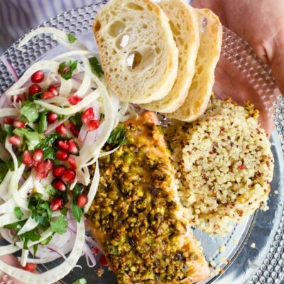 pistachio-crusted salmon with quinoa