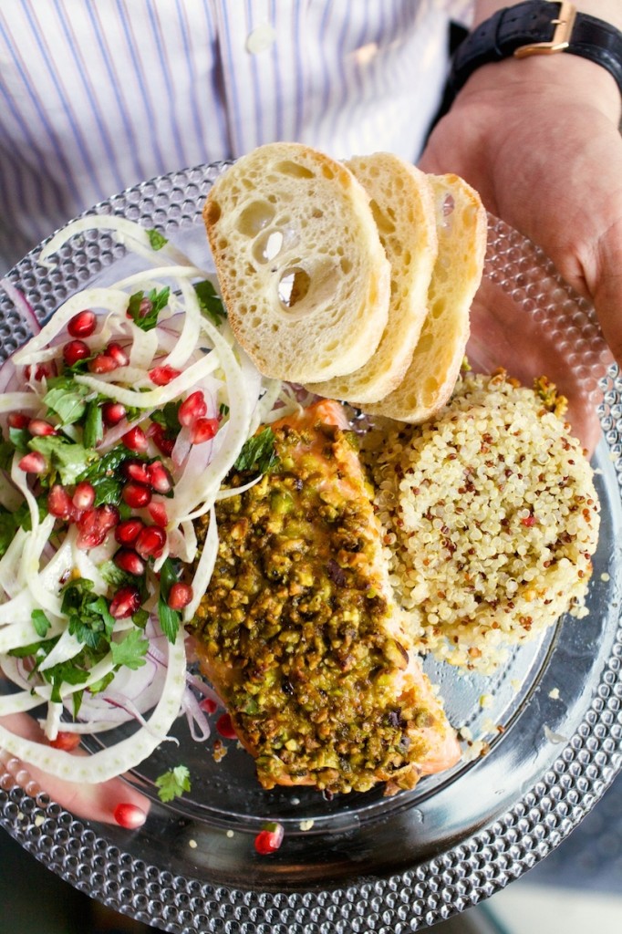 pistachio-crusted salmon with quinoa