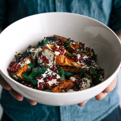 pumpkin salad with cumin yogurt, pomegranate, parsley and seeds