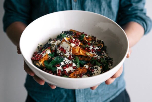 pumpkin salad with cumin yogurt, pomegranate, parsley and seeds