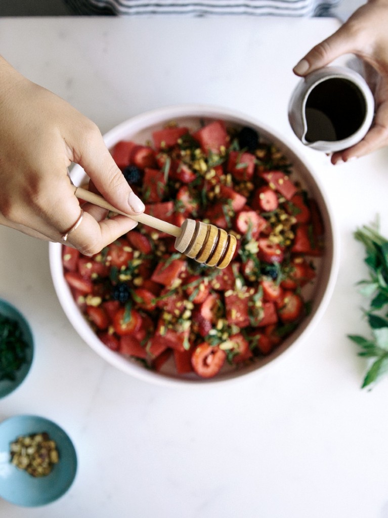 watermelon and strawberry salad with pistachios & honey