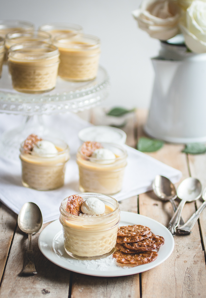 Salted Butterscotch Pots de Crème with Hazelnut-Espresso Lace Cookies