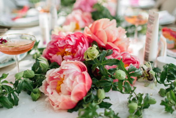garden party table with peonies