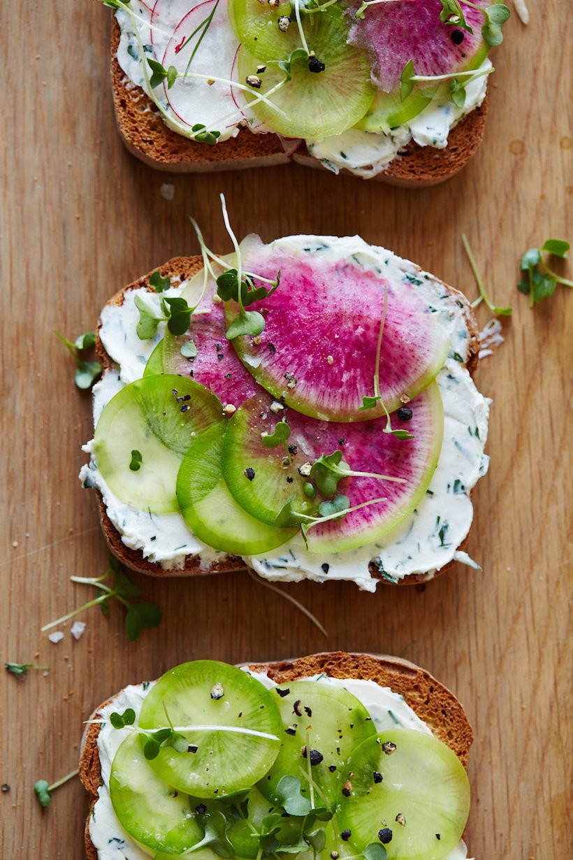 Herbed Goat Cheese and Watermelon Radish Tartines / Morning Meals