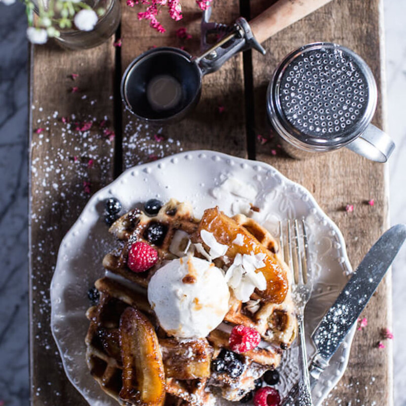 Whole Wheat Belgium Chocolate Chip Waffles with Coconut Caramelized Bananas
