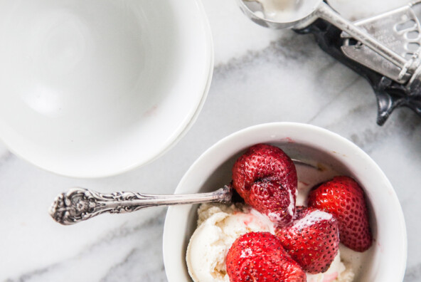 Ember-roasted Strawberries with Vanilla Ice Cream