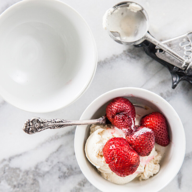 Ember-roasted Strawberries with Vanilla Ice Cream