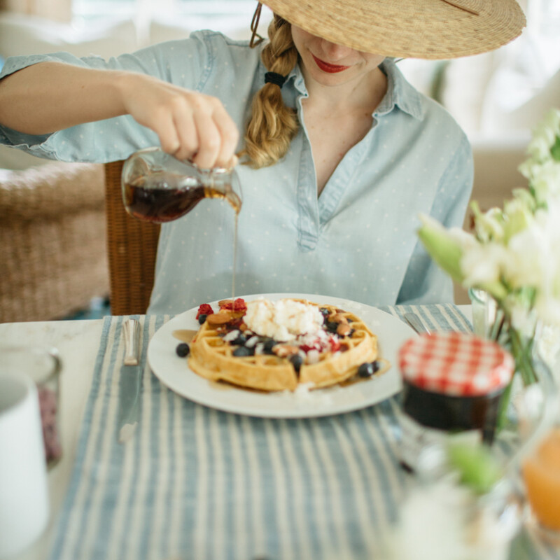 how to host a build-your-own waffle party with fresh fruit, jams, coconut & almonds