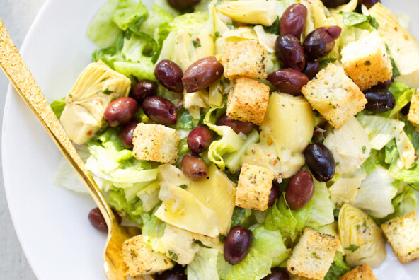 Chopped Salad with Marinated Artichoke Hearts, Kalamata Olives, Black Pepper Croutons and Emulsified Cucumber dressing