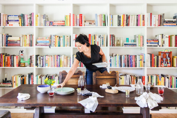 shelves filled with colorful cook books