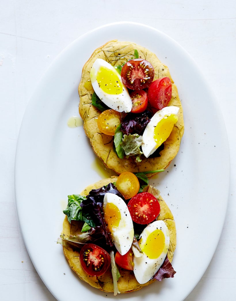 Chickpea Socca with Cherry Tomato, Soft-Boiled Egg, & Mesculin Greens_quick healthy egg recipes