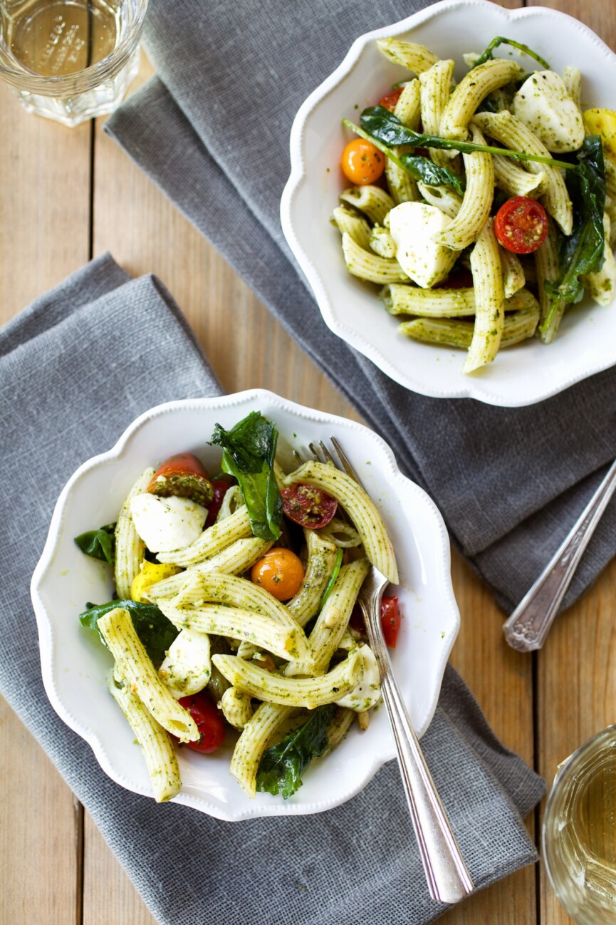 caprese pesto pasta in bowls
