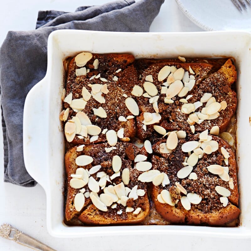 chai french toast in a baking dish