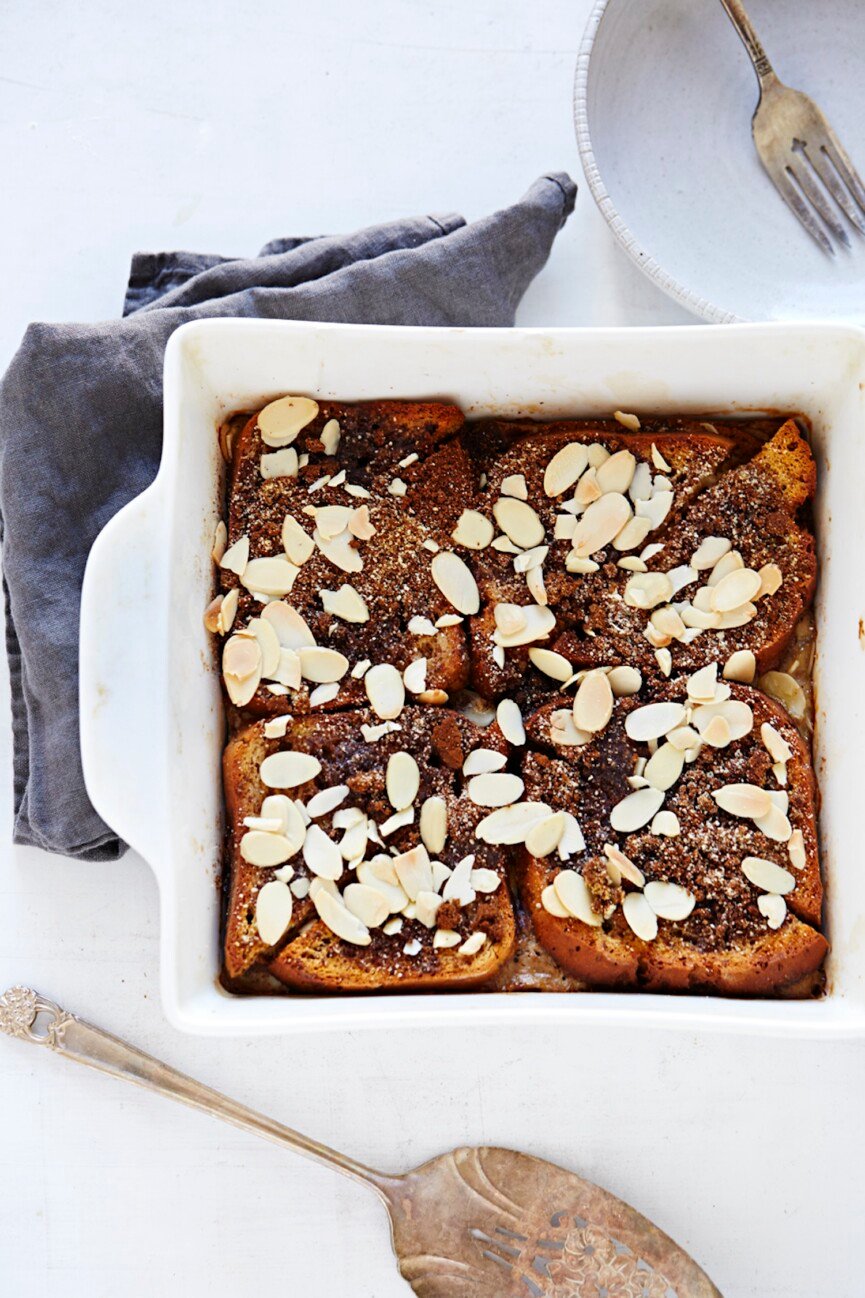 chai french toast in a baking dish