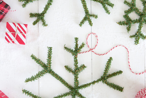 DIY snowflake wreath made with greenery pipe cleaners