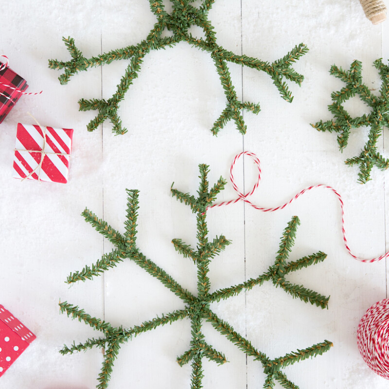 DIY snowflake wreath made with greenery pipe cleaners