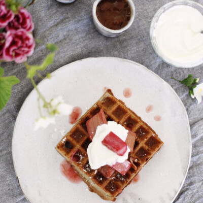 Easy Homemade Overnight Buckwheat Waffles With Roasted Rhubarb Compote