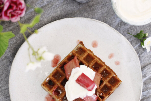 Easy Homemade Overnight Buckwheat Waffles With Roasted Rhubarb Compote