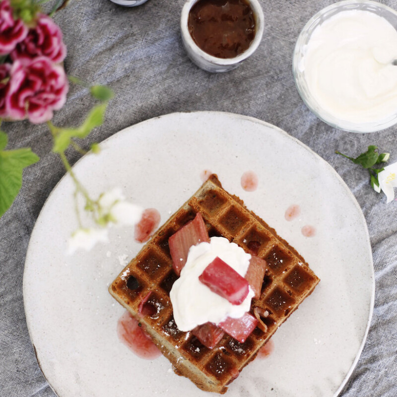 Easy Homemade Overnight Buckwheat Waffles With Roasted Rhubarb Compote