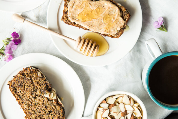 Treat yourself with this black sesame banana bread -- the tahini almond butter topping is to-die-for!