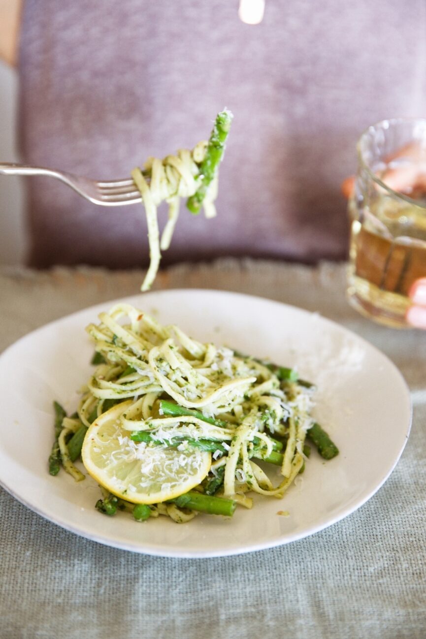 almond mint pesto pasta in bowl