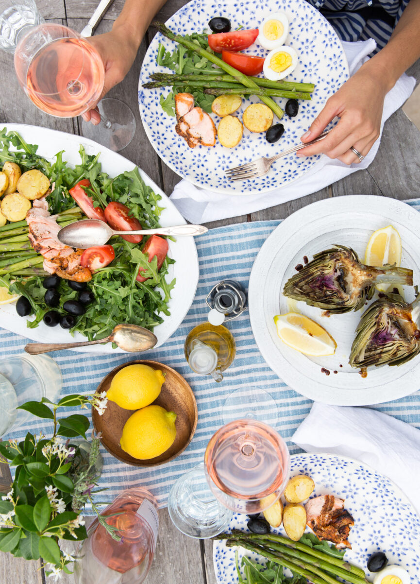 serving salmon nicoise salad