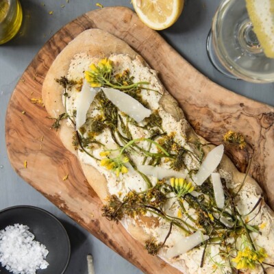 a ricotta, garlic, and broccoli rabe flatbread