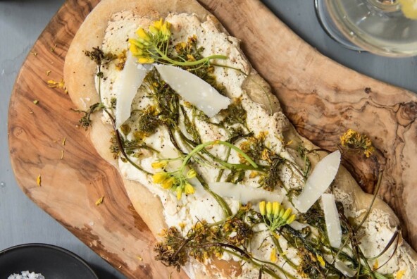 a ricotta, garlic, and broccoli rabe flatbread