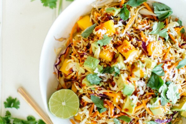 mango coconut soba noodle salad assembled in bowl