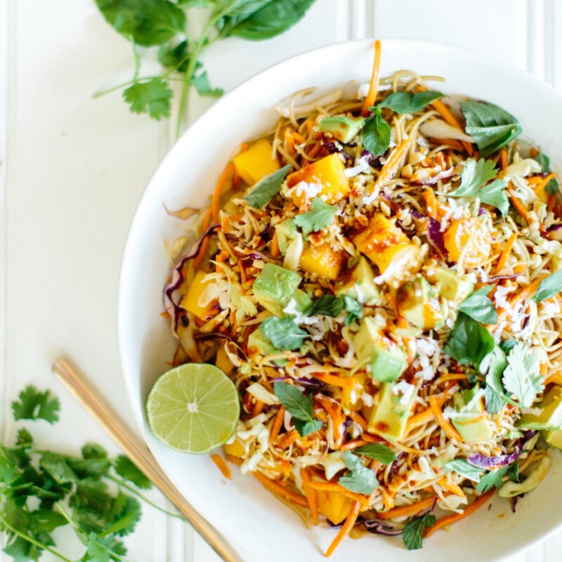 mango coconut soba noodle salad assembled in bowl