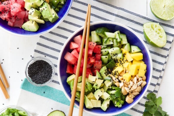 ahi tuna and watermelon poké bowls