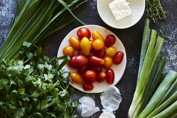 Baked Eggs with Heirloom Tomatoes, Herbs & Feta - gluten free!