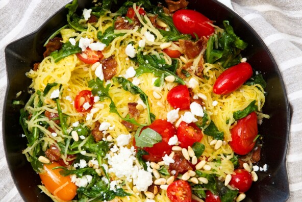 spaghetti squash "pasta" with bacon, spinach, & cherry tomatoes