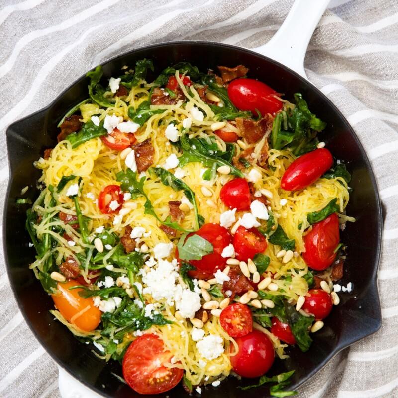 spaghetti squash "pasta" with bacon, spinach, & cherry tomatoes