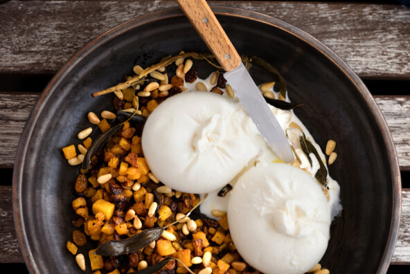 Burrata with Caramelized Squash, Pine Nuts and Golden Raisins