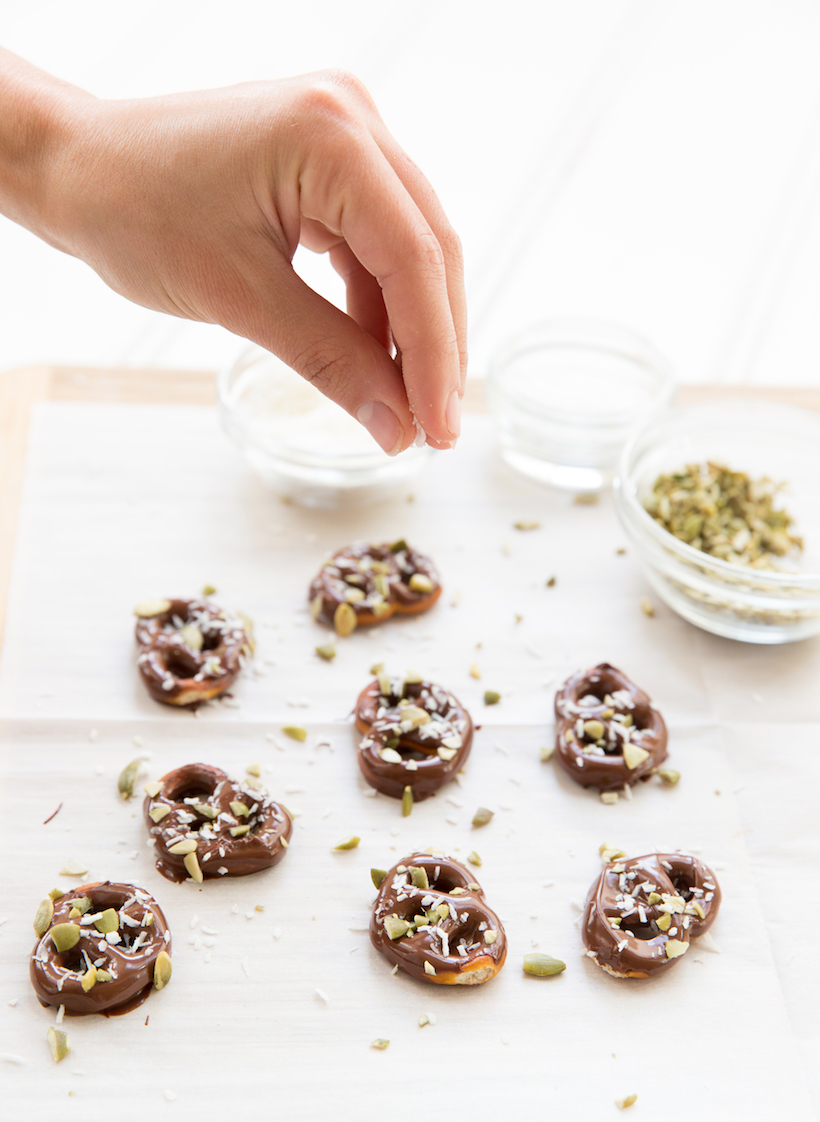 Chocolate-Covered Pretzels with Sea Salt, Coconut and Pumpkin Seeds