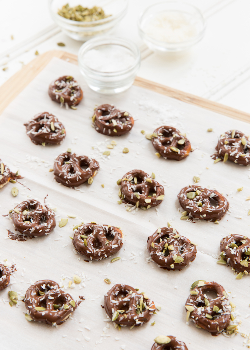 Chocolate-Covered Pretzels with Sea Salt, Coconut and Pumpkin Seeds