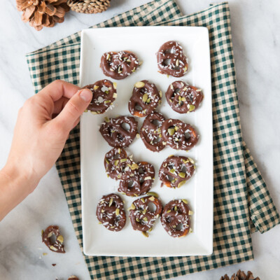 pistachio, coconut and sea salt chocolate covered pretzels